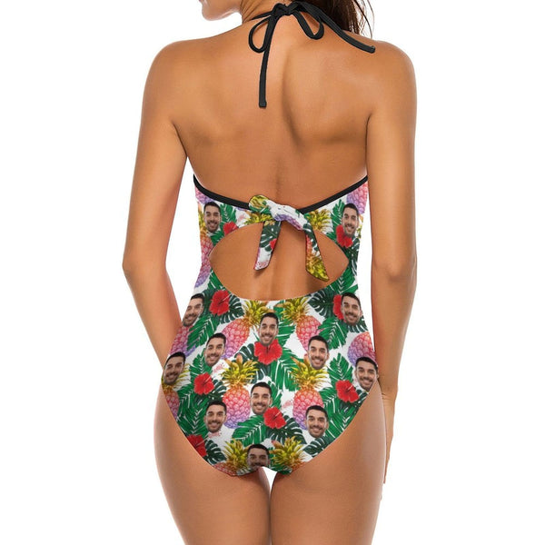 Custom Face Colorful Flower Swimsuit Personalized Women's New Strap One Piece Bathing Suit Holiday Party For Her