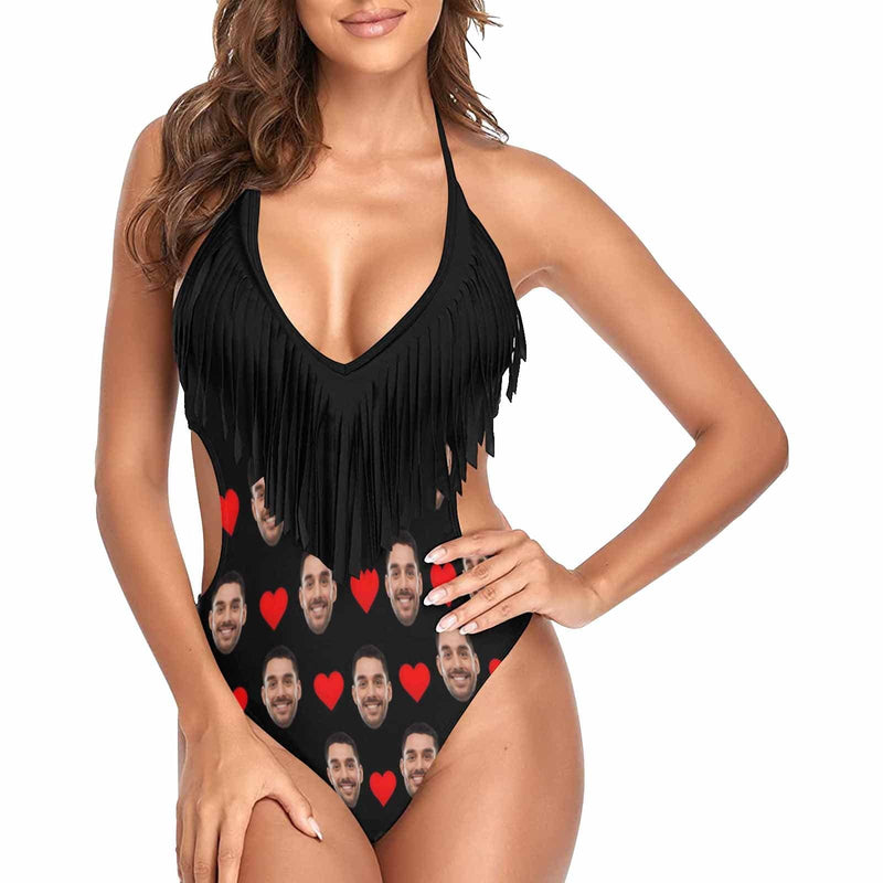 Custom Face Love Heart Black One Piece Fringe Swimsuit Personalized Women's Bathing Suit