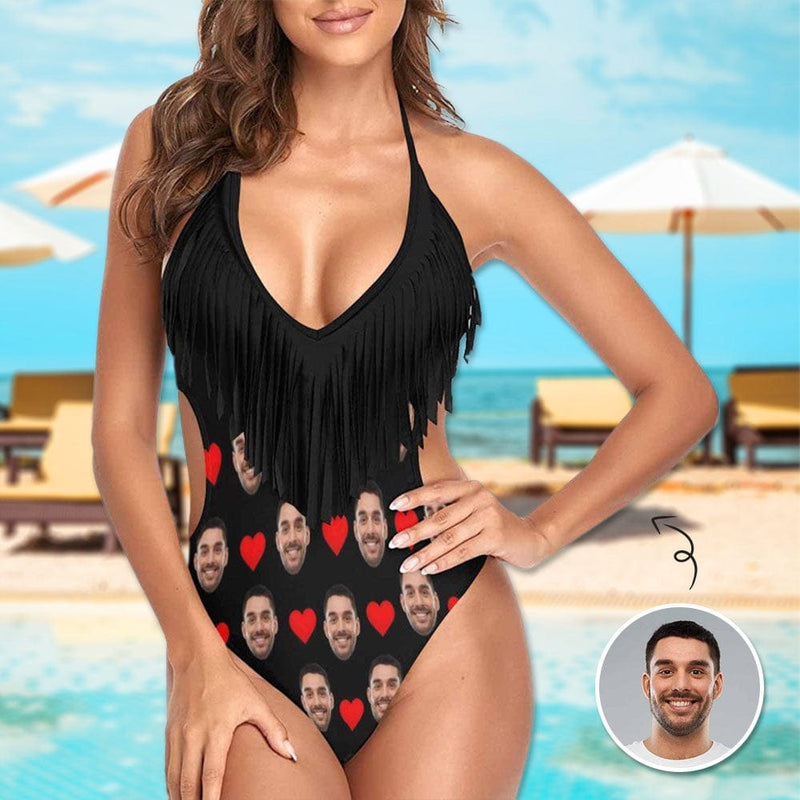 Custom Face Love Heart Black One Piece Fringe Swimsuit Personalized Women's Bathing Suit