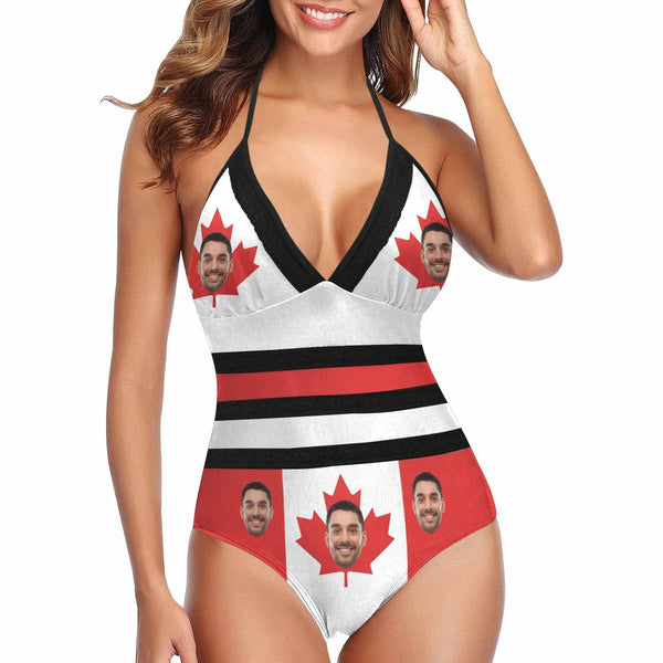 Custom Face Maple Leaf Swimsuit Personalized Women's New Strap One Piece Bathing Suit Celebrate Holiday Party