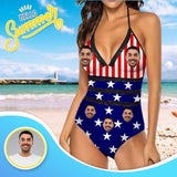 Custom Face American Flag Swimsuit Personalized Women's One Piece Bathing Suit Celebrate Holiday