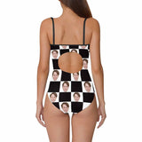 Custom  Husband Face Swimsuit Black&White Grid Personalized Women's Slip One Piece Bathing Suit Gift For Her