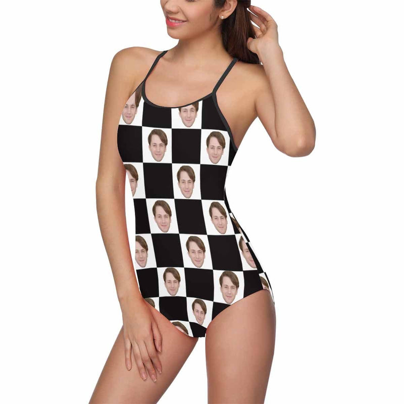 Custom  Husband Face Swimsuit Black&White Grid Personalized Women's Slip One Piece Bathing Suit Gift For Her