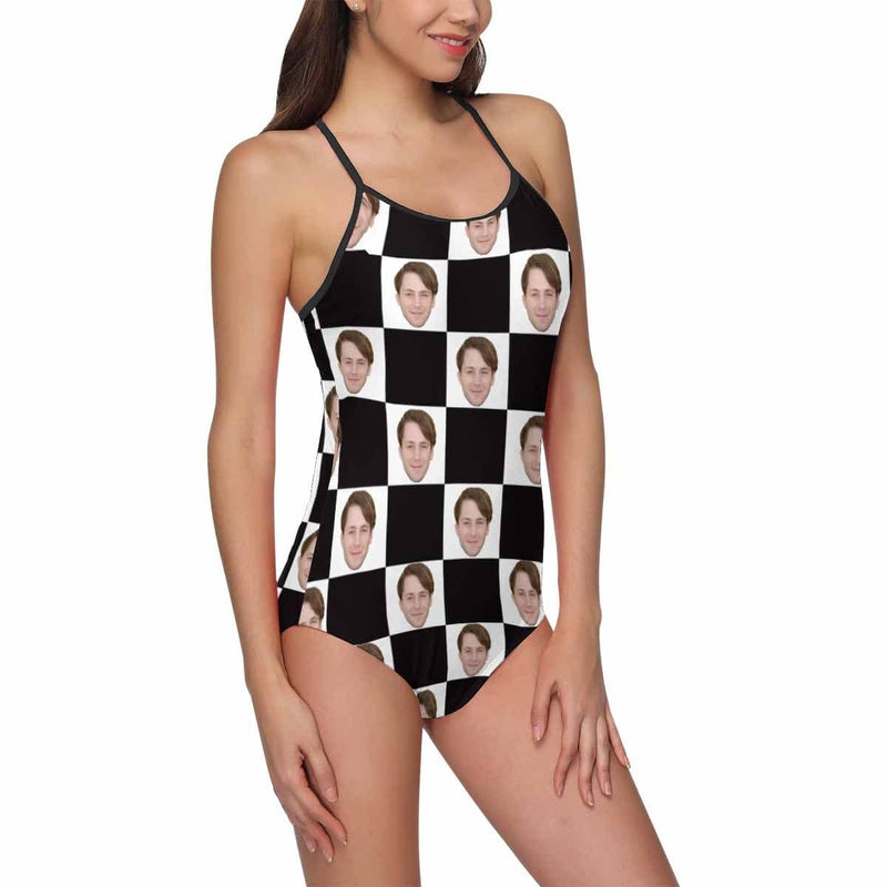 Custom  Husband Face Swimsuit Black&White Grid Personalized Women's Slip One Piece Bathing Suit Gift For Her