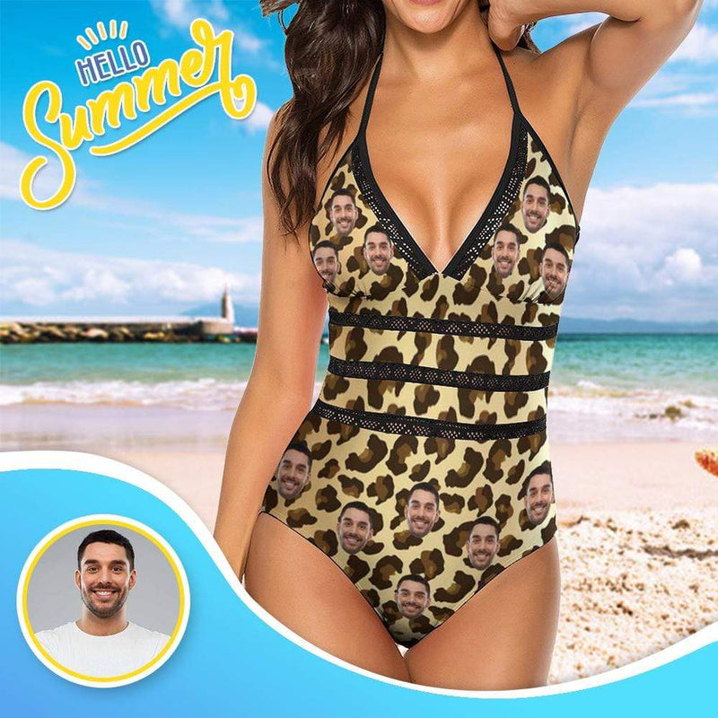 Custom Leopard Face Swimsuit Personalized Women's New Strap One Piece Bathing Suit Honeymoons Party