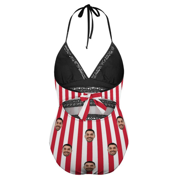 #Plus-Size Swimsuit-Custom Face American Flag Swimsuits Personalized Women's New Strap One Piece Bathing Suit Celebrate Holiday