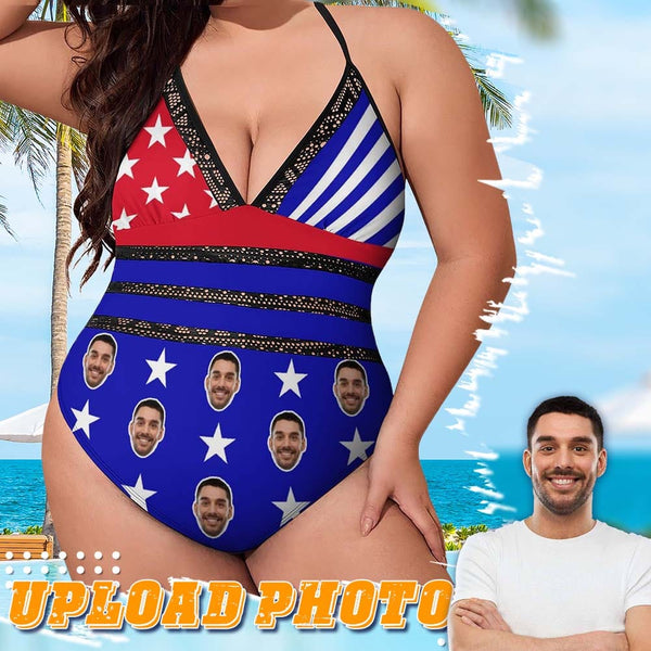 Plus Size Swimsuit-Custom USA Flag Face Swimsuits Personalized New Strap One Piece Bathing Suit For Women