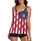 Custom Face American Flag Swimsuit Women's Tankini Personalized Two Piece Bathing Suit For Women