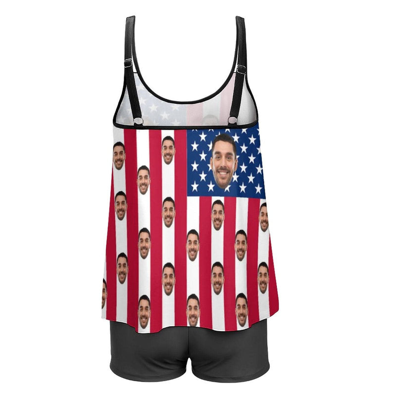 Custom Face American Flag Swimsuit Women's Tankini Personalized Two Piece Bathing Suit For Women