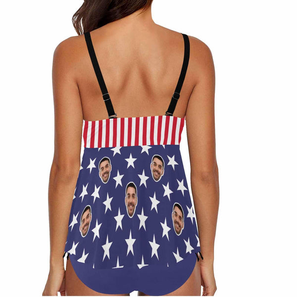 Plus Size Tankini Set Custom Face Flag Swimsuit Personalized Womens Bathing Suit Chest Drawstring Swim Dress 2 Piece Tankini