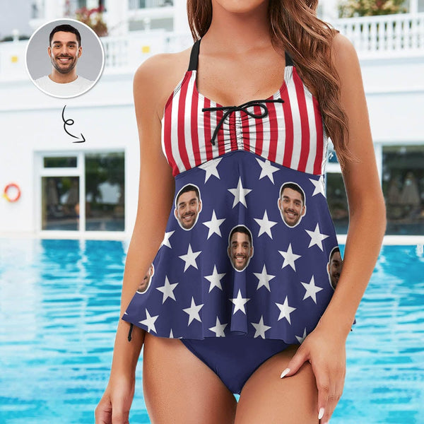 Plus Size Tankini Set Custom Face Flag Swimsuit Personalized Womens Bathing Suit Chest Drawstring Swim Dress 2 Piece Tankini