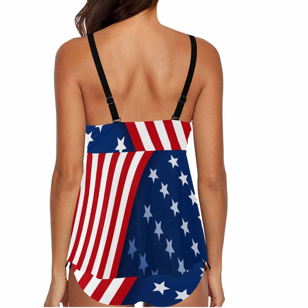 Plus Size Tankini Set Custom Face Flag Swimsuit Personalized Womens Bathing Suit Chest Drawstring Swim Dress 2 Piece Tankini