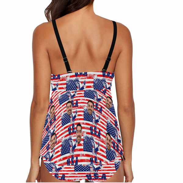 Plus Size Tankini Set Custom Face Flag Swimwear Women Chest Drawstring Swimsuit 2 Piece Tankini Swmsuit