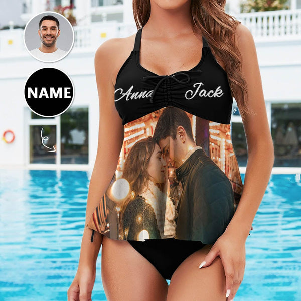 Plus Size Tankini Set Custom Photo&Name Sweet Swimsuit Personalized Womens Bathing Suit Chest Drawstring Swim Dress 2 Piece Tankini